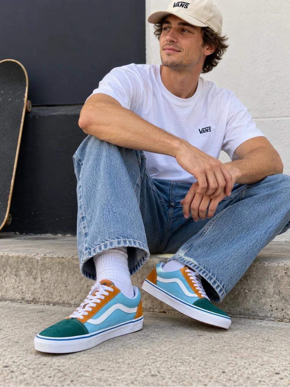 Vans Old Skool Colorblock Sneakers Mens 9.5 Womens 11 Blue Green Orange Suede